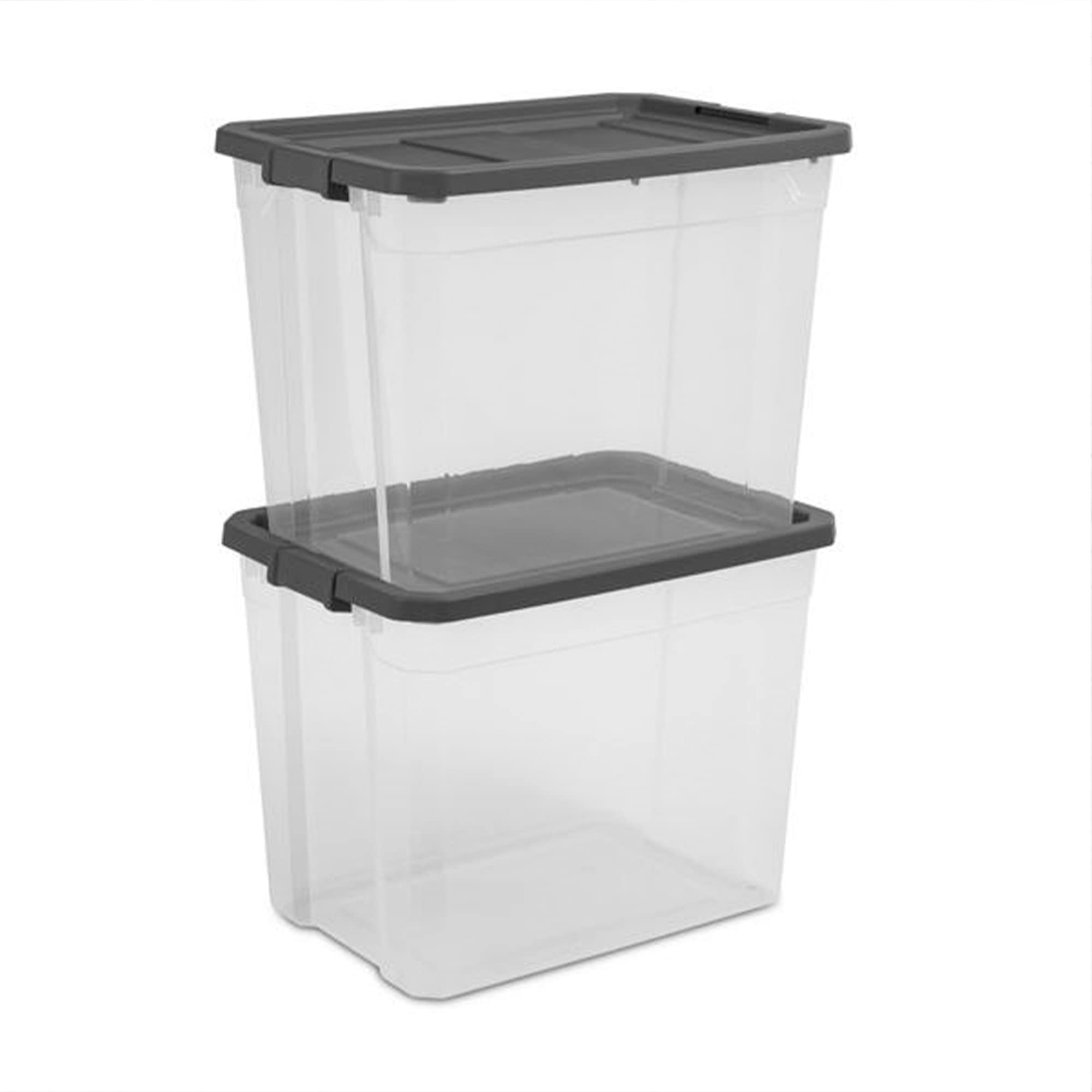 Sterilite 108 Quart Plastic Stacker Box, Lidded Storage Bin Container For Home And Garage Organizing, Shoes, Tools, Clear Base &